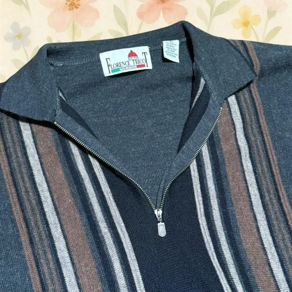 Vintage Florence Tricot Quarter Zip Sweater XL Italian Knit Striped Pullover - Picture 2 of 6